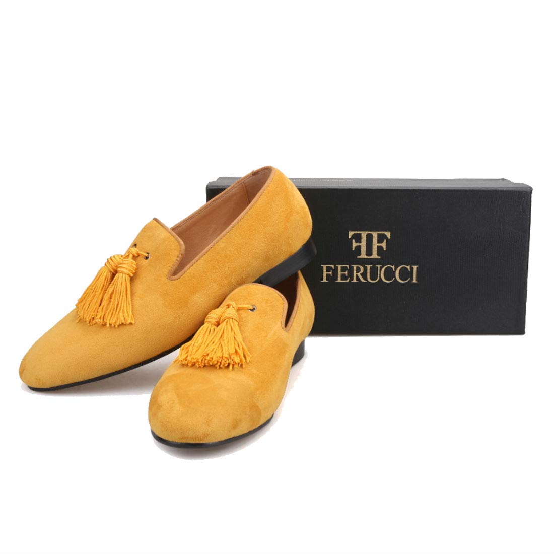 FERUCCI Men's Yellow Gold Suede Loafers - Comfortable Slip-On Slippers with Big Tassel | Casual House Shoes for Indoor & Outdoor Wear