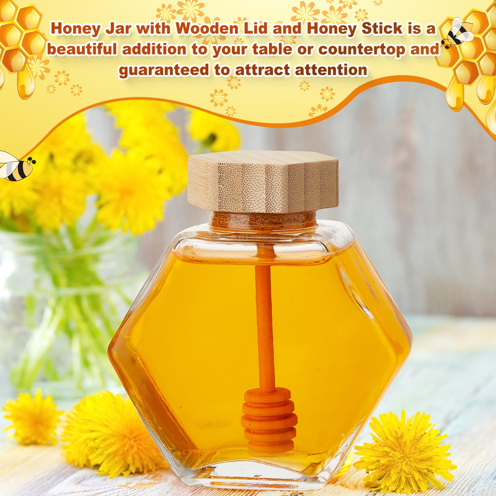 Sunnyray 8-Pack 220ml Hexagonal Honey Jars with Wooden Dipper & Cork Lid - Perfect for Kitchen Storage & Gifts