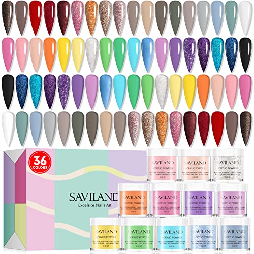 Saviland 36 Colors Acrylic Powder Set for Nails - Pigmented Professional Nail Extension & Carving Kit for Beginners, No UV Lamp Needed | DIY at Home & Salon Use, Long-Lasting Manicure & Nail Art Designs