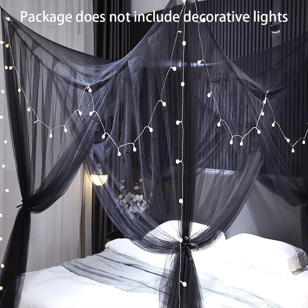Luxury 4-Poster Mosquito Net with Dustproof Top - King Size Bed Canopy for Adults & Teens (Black) | Elegant Bedroom Decor for Twin/Full/Queen/King Beds | Perfect for Allergy Relief & Romantic Bedroom Setting