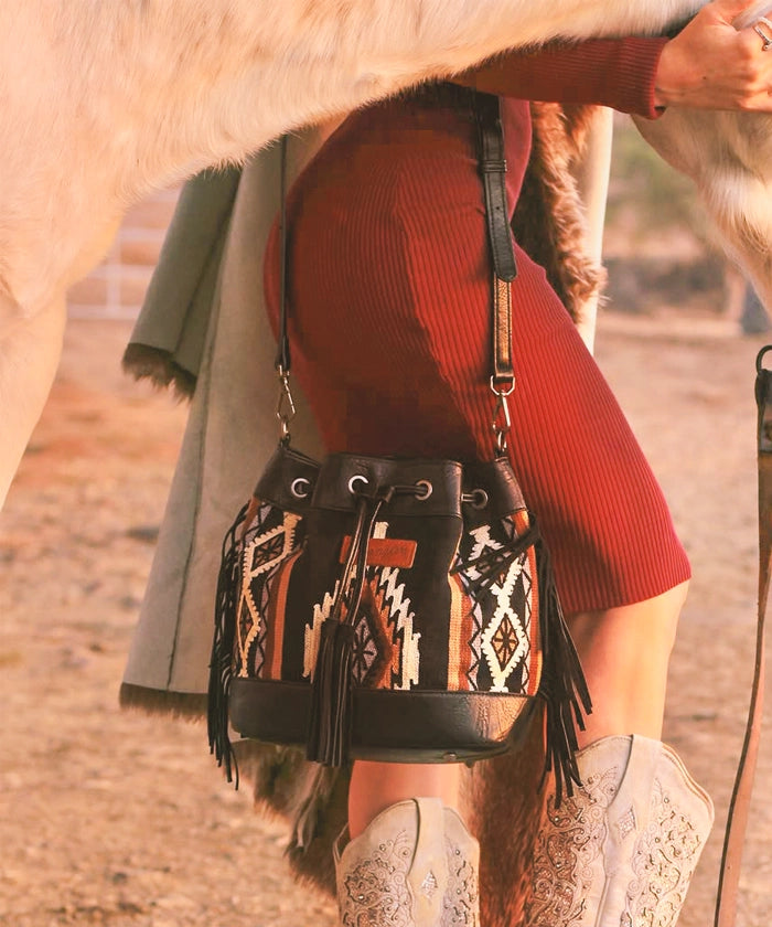 Wrangler Aztec Knitted Bucket Bag Set for Women - Boho Chic Crossbody Purse with Adjustable Strap - Perfect for Travel, Shopping & Everyday Use