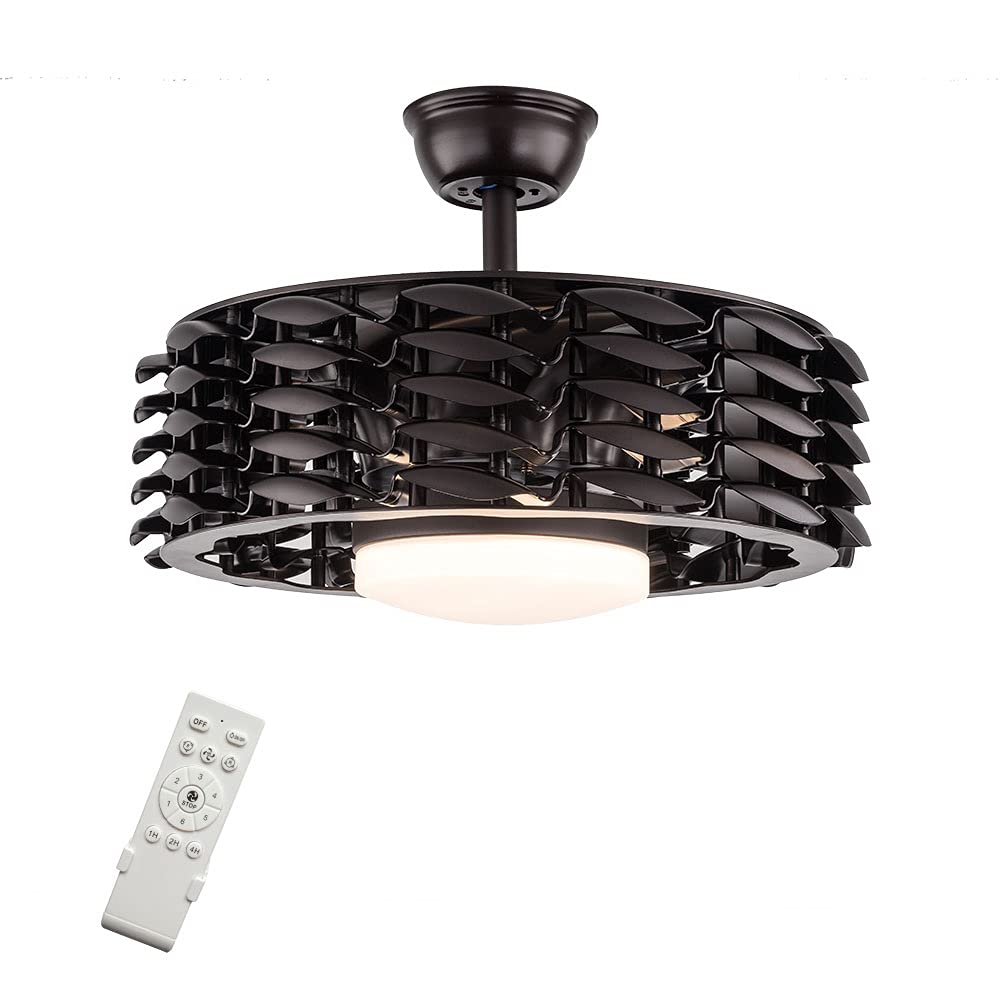 DNYSYSJ 22 Inch Reversible Bladeless Ceiling Fan with LED Light - Coffee Black & Copper Motor, 3 Color Dimmable, Remote Control, Down Rods Included - Perfect for Living Room, Bedroom & Office Spaces