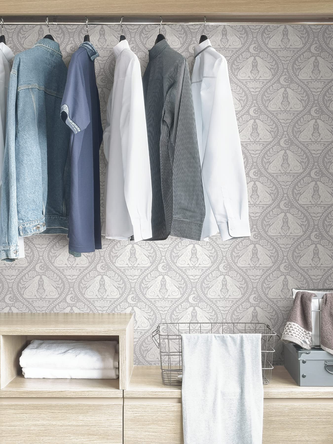 Grey Moon Rabbit Peel & Stick Wallpaper - Self-Adhesive Removable Wall Decor for Bedroom, Nursery, Living Room | Easy DIY Home Decoration for Walls, Furniture & Accent Walls