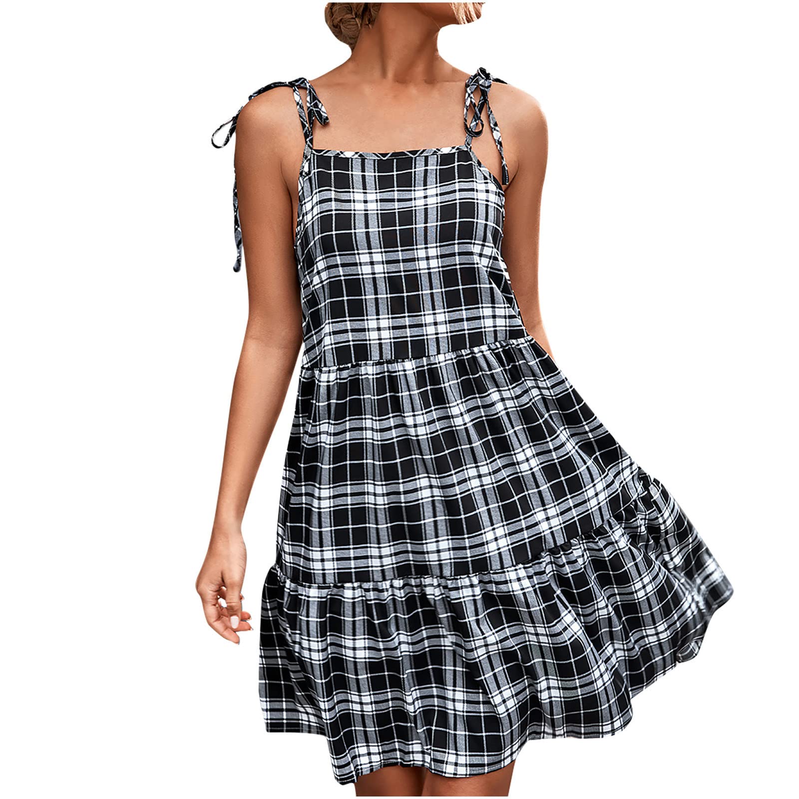 Women's Casual Plaid Summer Dress - Sleeveless Strappy A-Line Mini Dress with Flare Hem | Perfect for Beach, Vacation, and Outdoor Parties