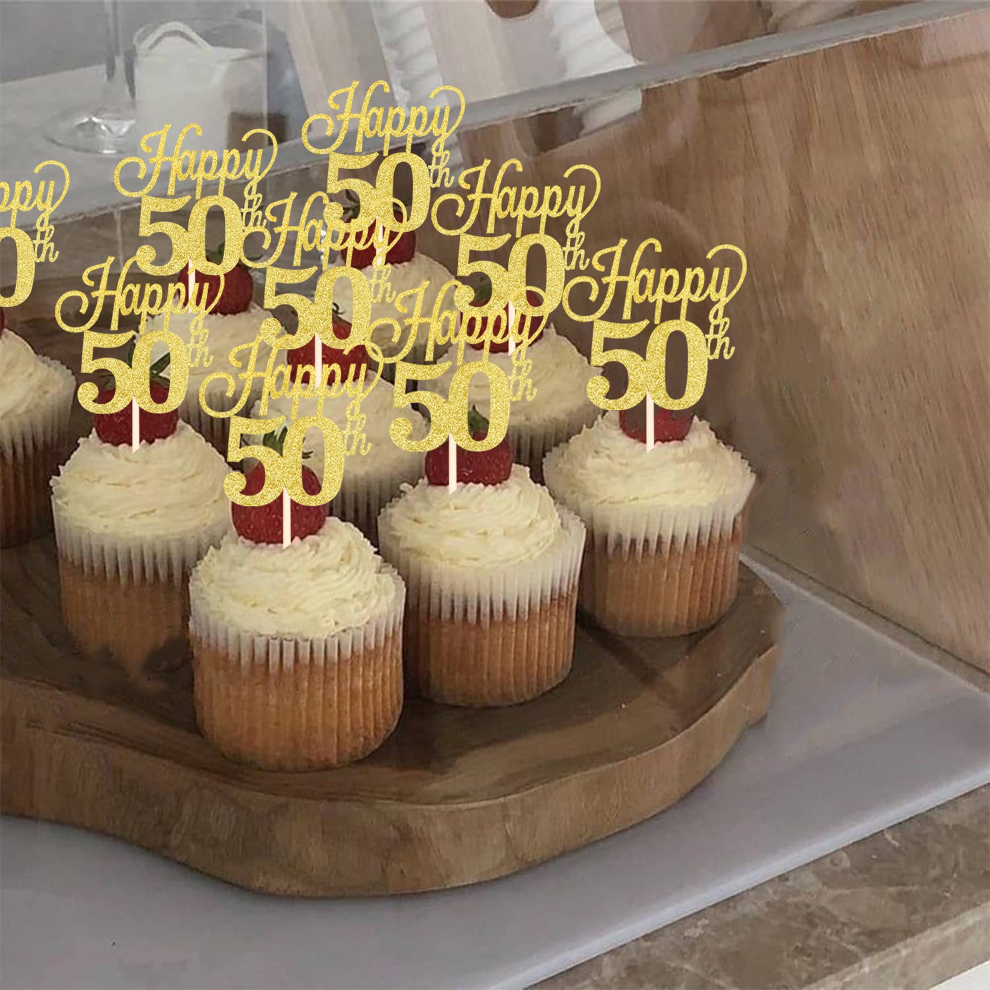 24 Pack Gold Glitter 50th Birthday Cupcake Toppers - Number 50 Fifty Cheers Cake Decorations for Anniversary, Wedding & Party Supplies (Perfect for 50th Birthday Celebrations, Retirement Parties & Golden Anniversaries)