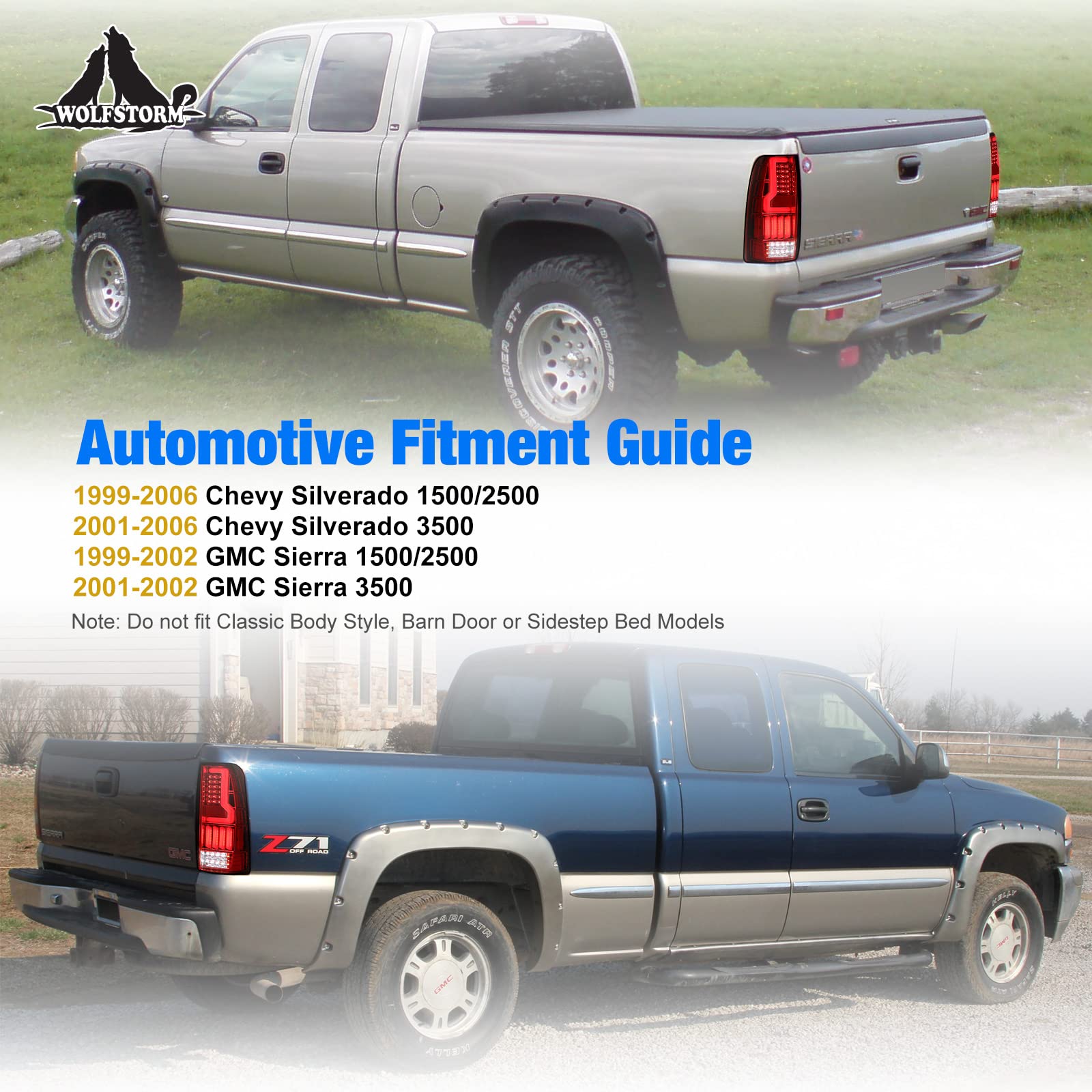 WOLFSTORM LED Tail Lights for 1999-2006 Chevy Silverado & 1999-2002 GMC Sierra - Red Lens (1 Pair) - Not Compatible with Barn Door/Stepside Models - Upgrade Your Truck Lighting for Night Driving & Enhanced Safety