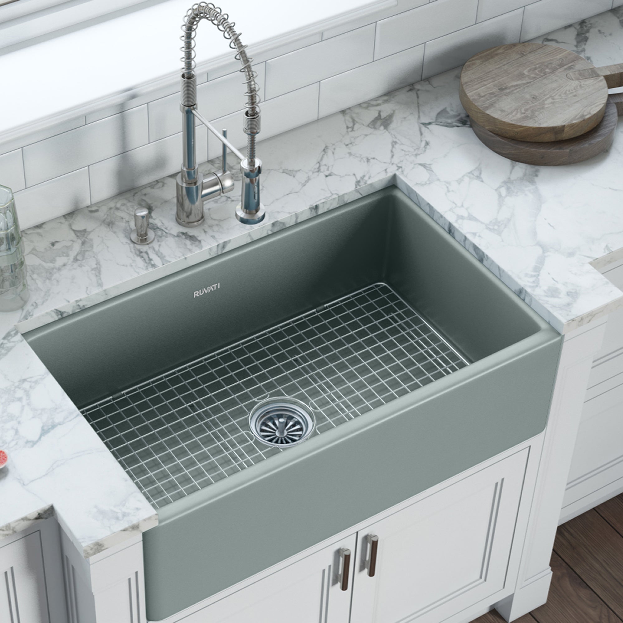 Reversible Fireclay Farmhouse Sink 33x20 Inch in Horizon Gray - Perfect for Kitchen Remodeling and Modern Farmhouse Decor