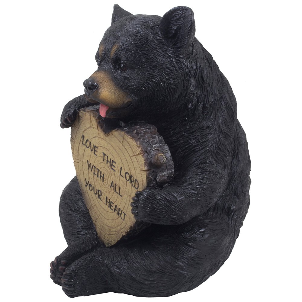 Black Bear Statue Holding Faux Wood Heart Sign - Rustic Home Decor, Christian Religious Gift for Women - Perfect for Valentine's Day, Housewarming, and Spiritual Décor