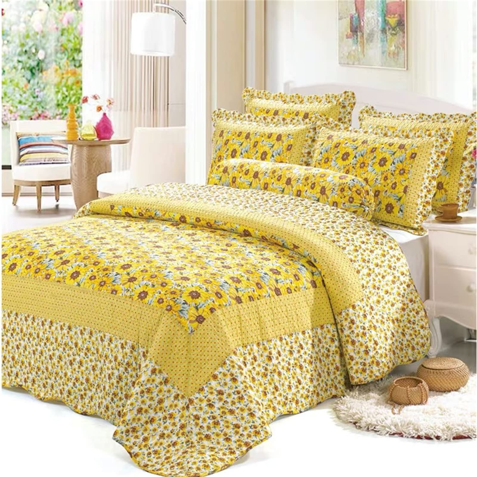 ABREEZE Cotton Polka Dot Comforter Set - Sunflower Patchwork Bedding Quilt Set with Coverlet - Queen Size 3-Piece Set for Cozy Bedroom Decor & Farmhouse Style Home