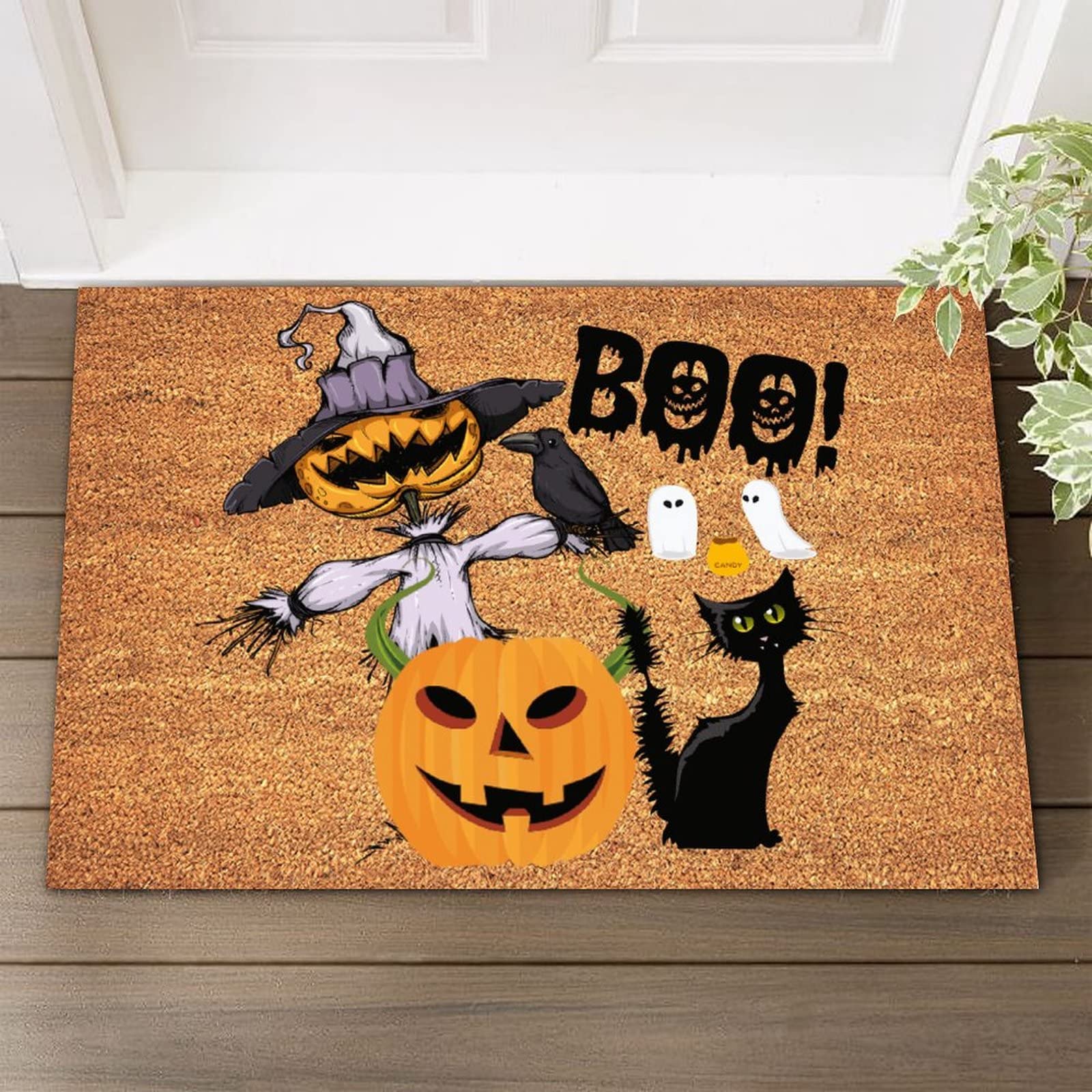 Spooky Halloween Doormat - Heavy Duty Coir Entrance Mat with Pumpkin, Ghost, Black Cat & Crow Design - 16x24 Inch Non-Slip Outdoor Door Mat for Farmhouse, Porch, Entryway - Perfect Halloween Decor & Housewarming Gift
