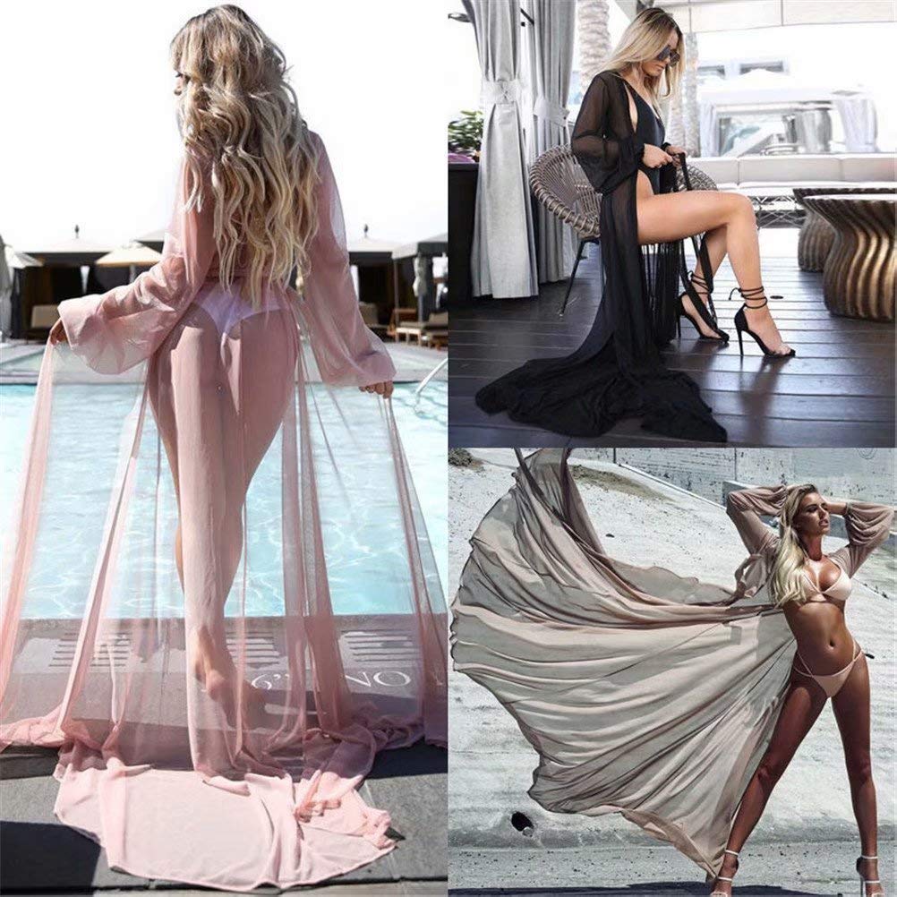Sexy Mesh Long Sleeve Tie Front Swimsuit Cover Up Dress for Women - Beachwear, Poolside Cover, Summer Vacation Outfit