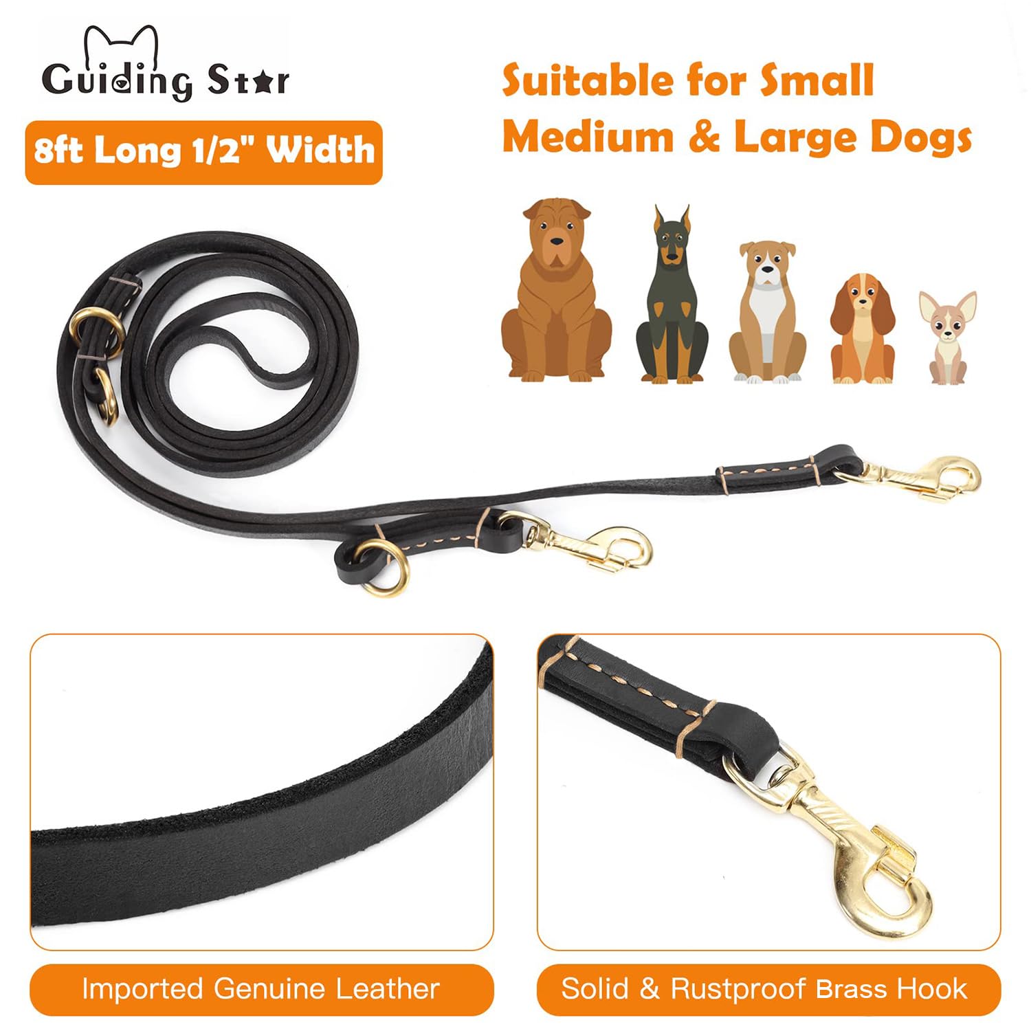 8ft Leather Dog Leash - 6-in-1 Multi-Function Training Lead for Small, Medium & Large Dogs | Hands-Free, Adjustable, Durable | Perfect for Walking, Running, Hiking & Service Dogs (Black)