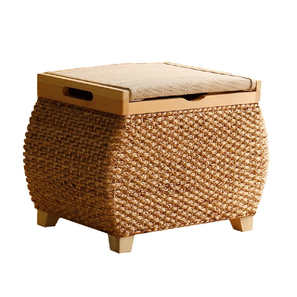 Handmade Woven Wicker Storage Ottoman Bench with Lid - Rattan Storage Organizer Box for Living Room, Bedroom & End of Bed - Natural Color Home Decor Storage Chest for Blankets, Toys & Clothes
