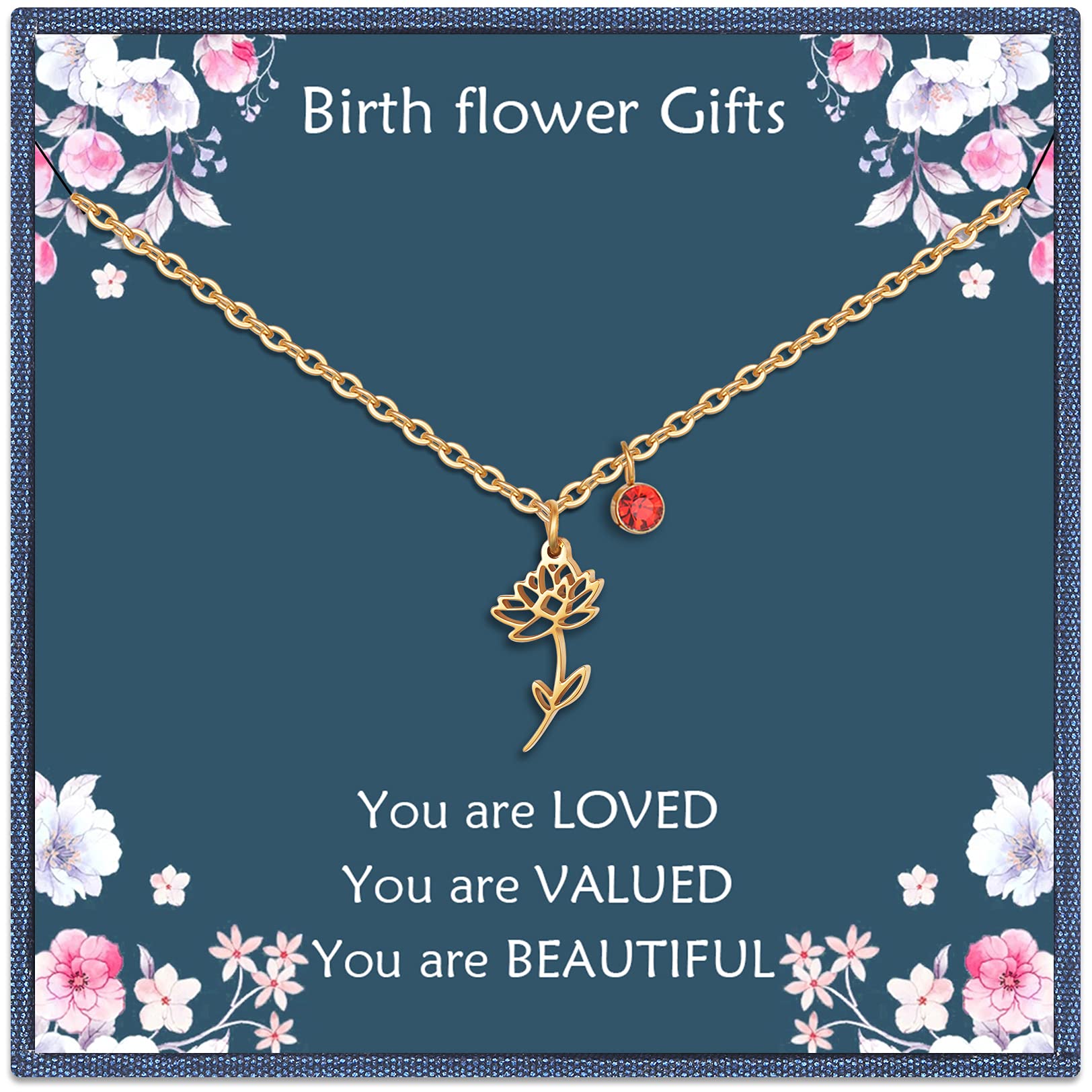 Birth Flower Necklace for Women - 14K Gold Plated Birth Month Floral Pendant with Birthstone | Personalized Birthday Gift for Mom, Wife, Friend | Perfect for Mother's Day, Anniversary & Special Occasions