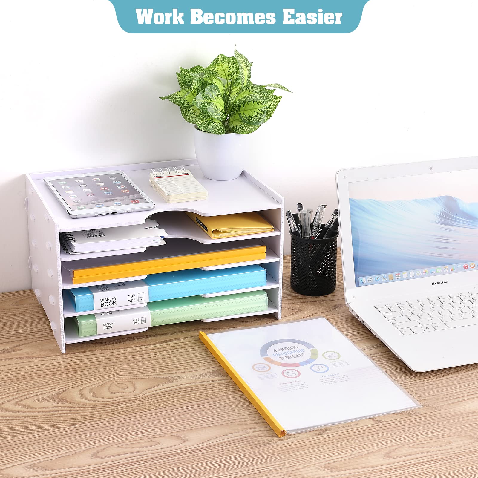 4-Tier Wooden Desktop Paper Organizer - Office & Home Storage