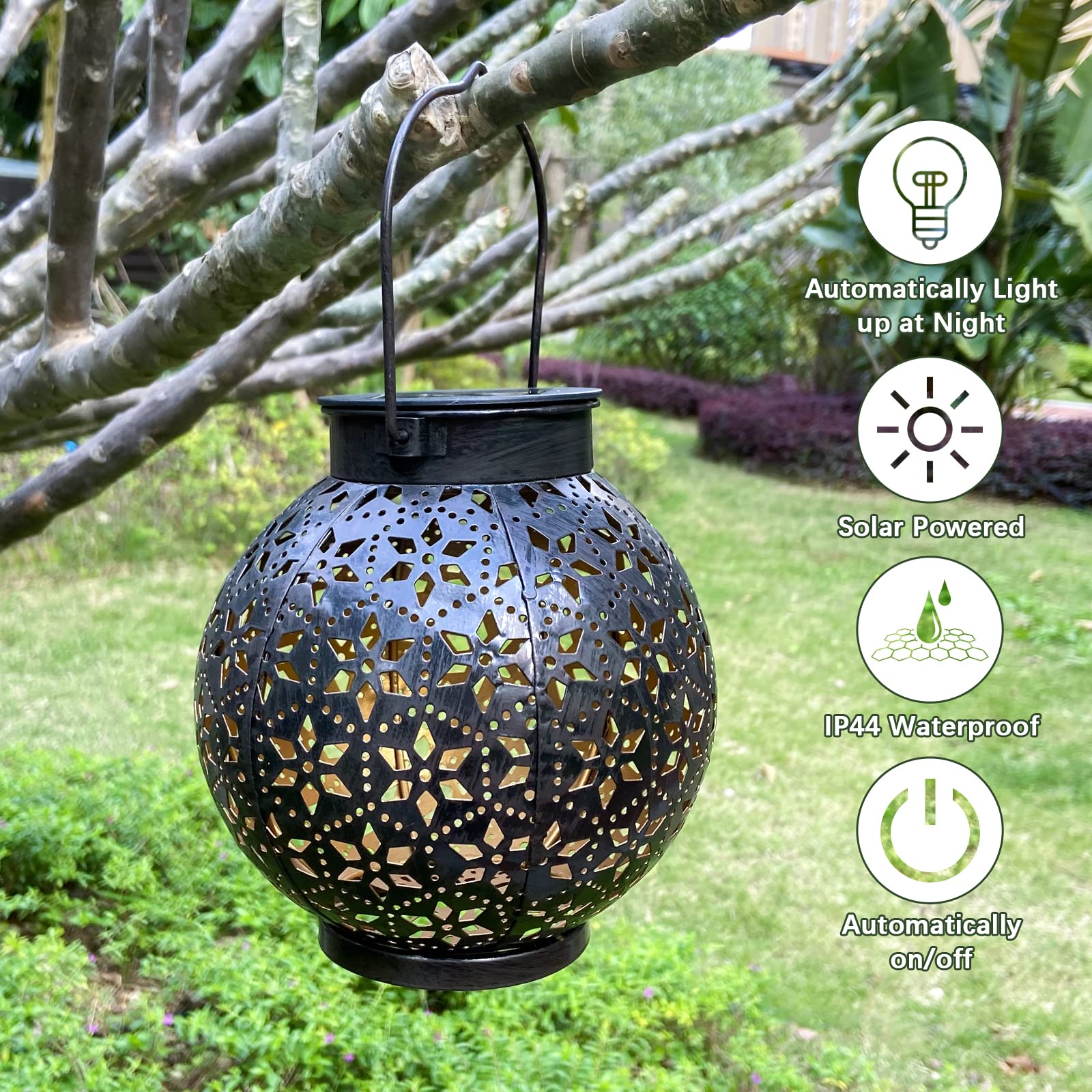 2 Pack Outdoor Solar Lantern Lights - Waterproof LED Moroccan Tabletop & Hanging Metal Garden Lights for Patio, Lawn, Porch, Backyard | Perfect for Evening Gatherings, Wedding Decor & Pathway Lighting