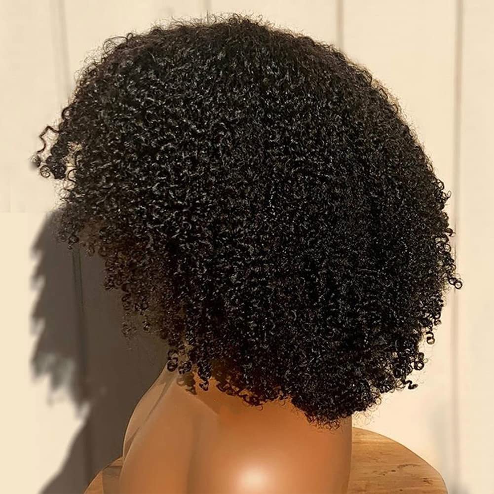200 Density Afro Kinky Curly Human Hair Wig with Bangs - Virgin Brazilian Short Curly Wig for Women - Full Machine Made Scalp Top - 14 Inch Natural Black - Perfect for Cosplay, Daily Wear & Protective Styles
