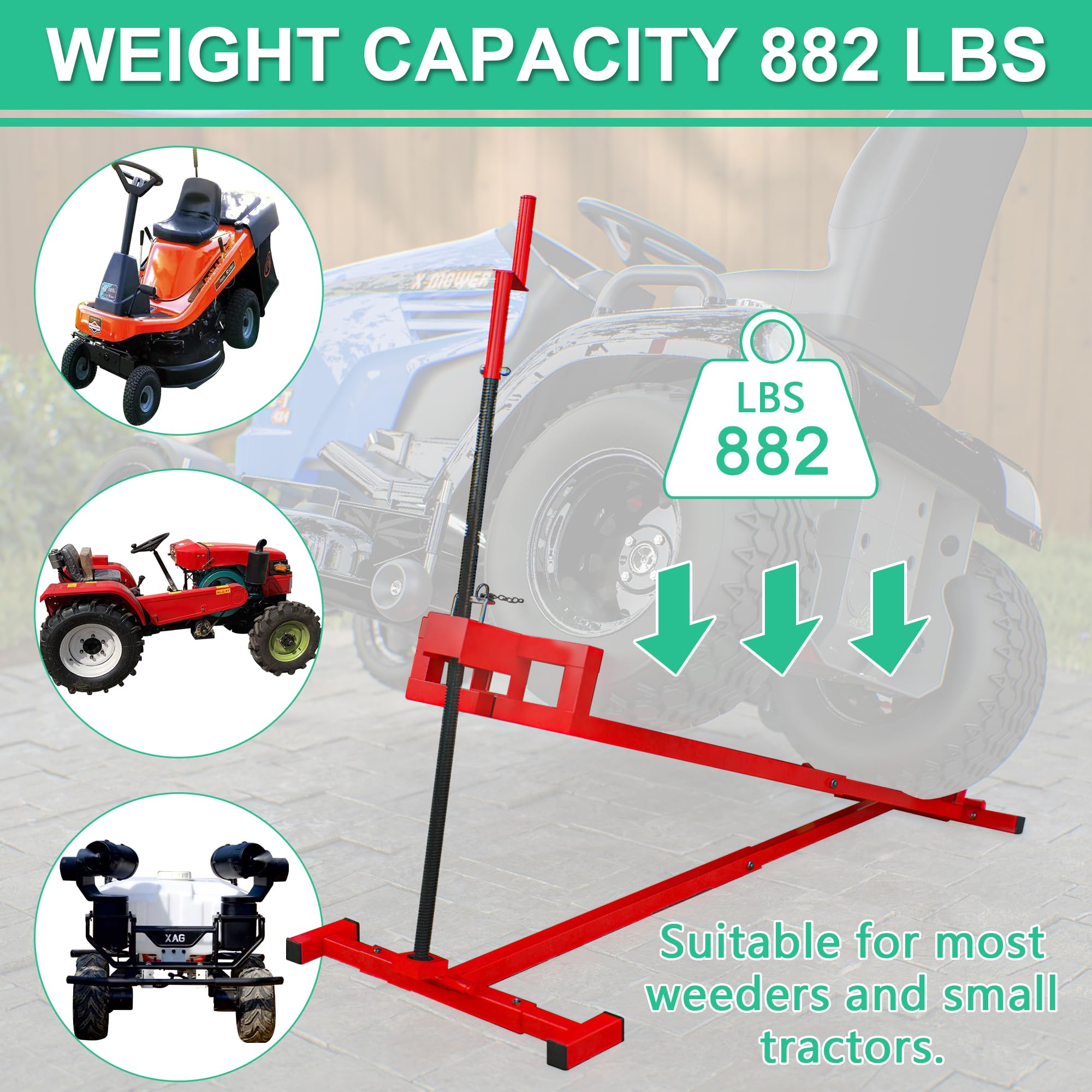 Heavy Duty Riding Mower Lift - 882LBS Capacity Lawn Tractor Jack with Manual & Power Tool Handles - Red Garden Tractor Lifting Platform for Mower Maintenance (Perfect for DIY Repairs, Tire Changes & Seasonal Storage)