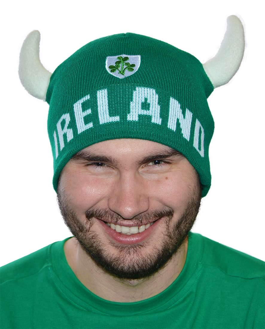 Viking Horn Beanie Hat with Ireland Crest - Green Winter Knit Hat for Men & Women | Perfect for Cosplay, LARP, and Cold Weather Outdoor Activities