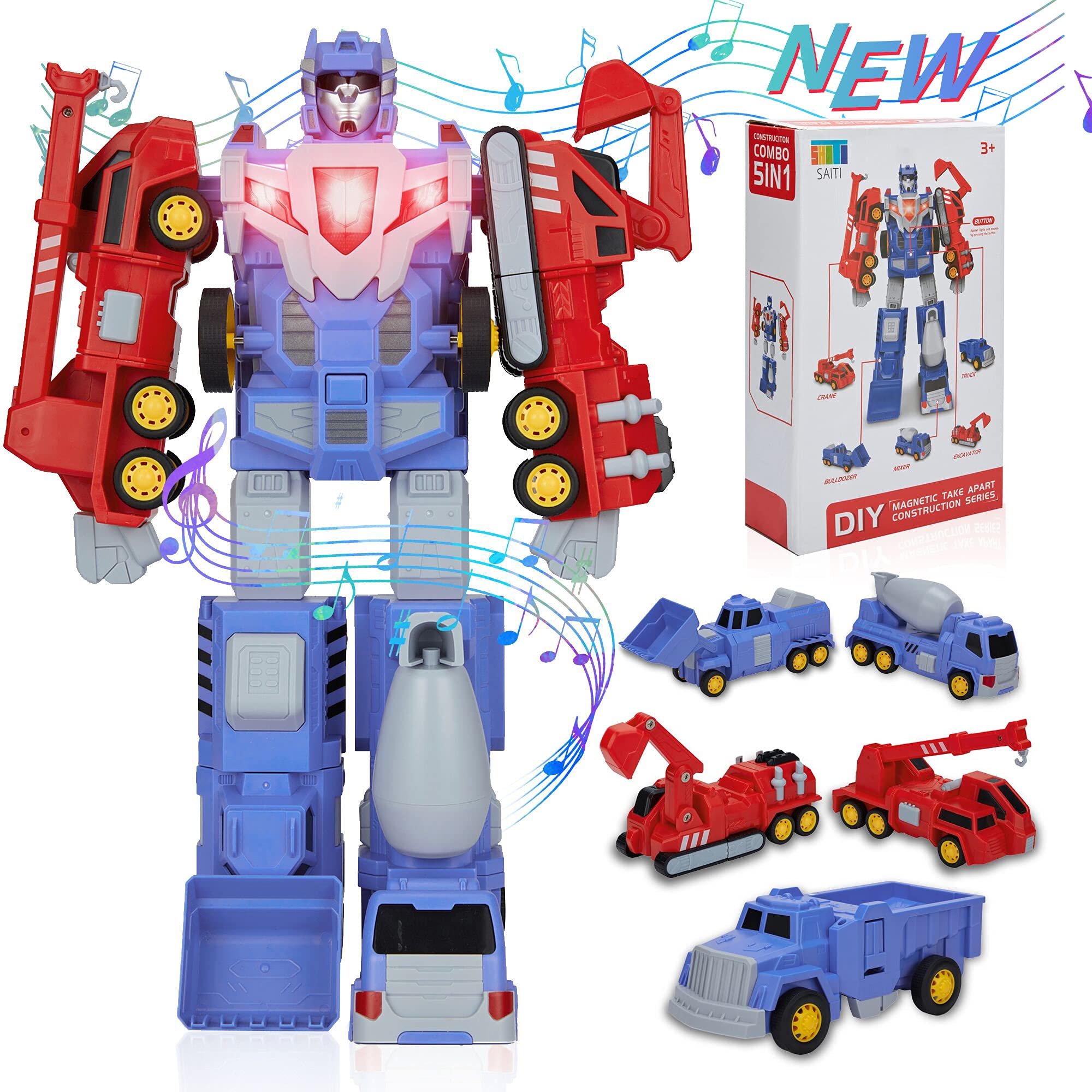 SAITI 5-in-1 STEM Construction Transform Robot Toy Cars - Building & Assemble Vehicles Toys with Pull-Back Action for Boys Ages 3-6 | Perfect Christmas Birthday Gift for Kids | Fun Learning & Pretend Play for Preschoolers