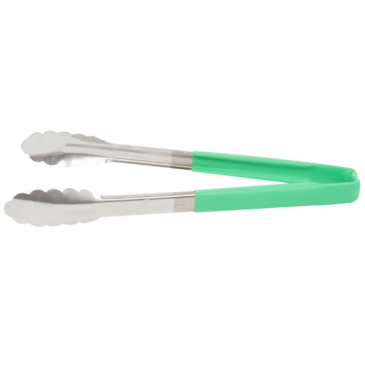 Vollrath 12-Inch Stainless Steel Utility Tongs with Non-Slip Green Handle - Perfect for Grilling, BBQ, Serving, and Kitchen Cooking