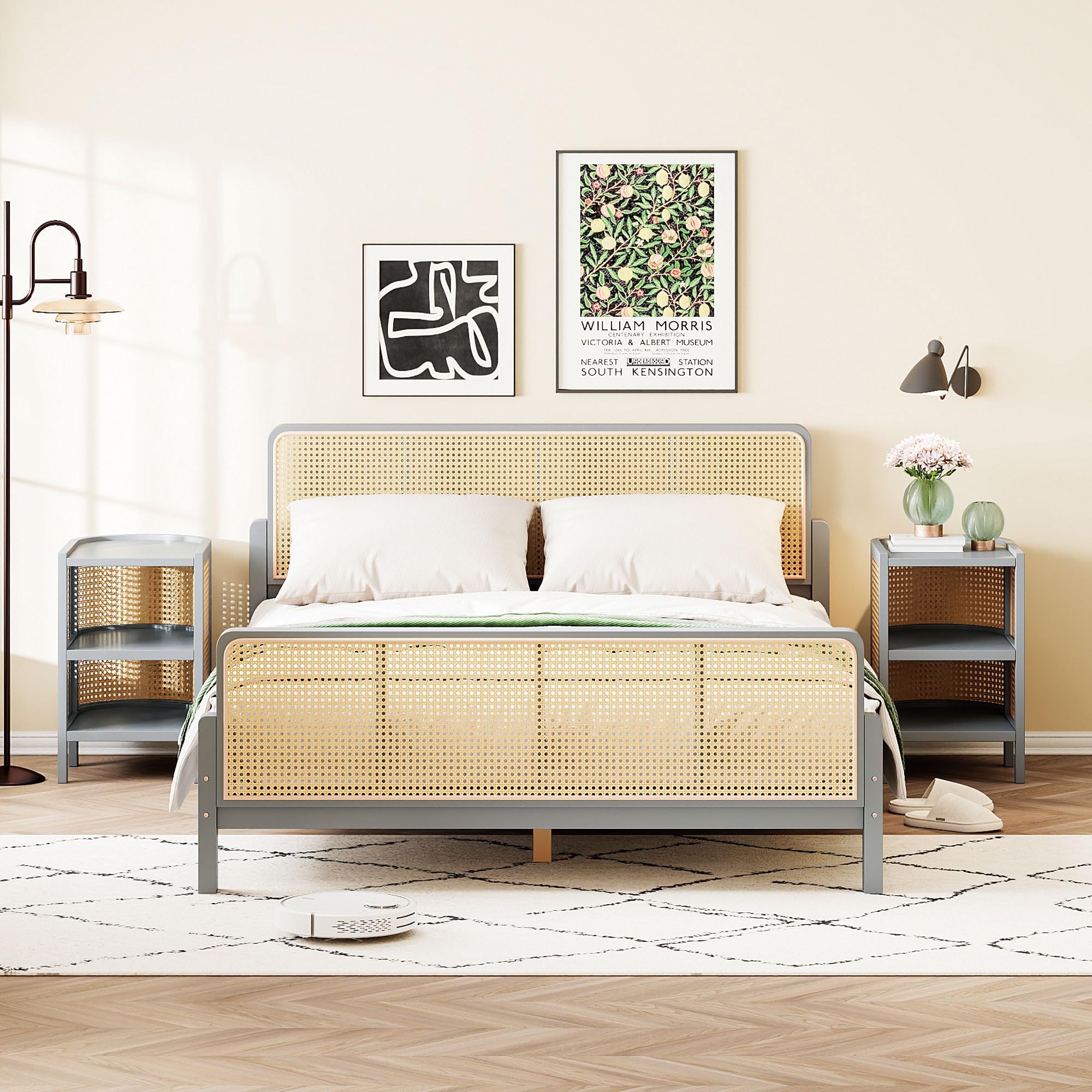 SOFTSEA 3-Piece Rattan Bedroom Furniture Set - Full Size Platform Bed with Headboard & Footboard + 2 Nightstands with 3 Shelves - Gray Boho Bedroom Decor for Master Bedroom, Guest Room & Apartment