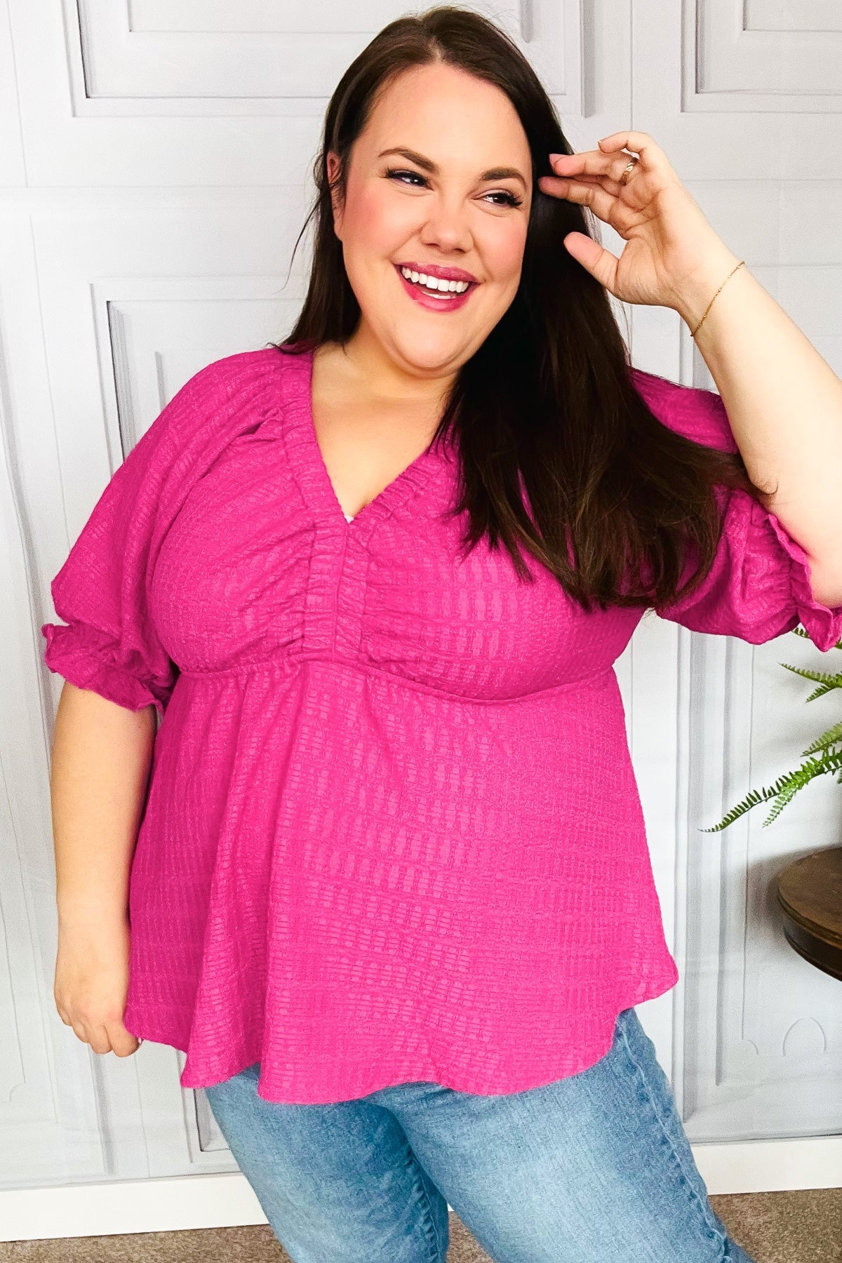 Fuchsia Textured V-Neck Babydoll Top for Women - Sexy Lace Trim Cami Blouse for Date Night & Party Outfits