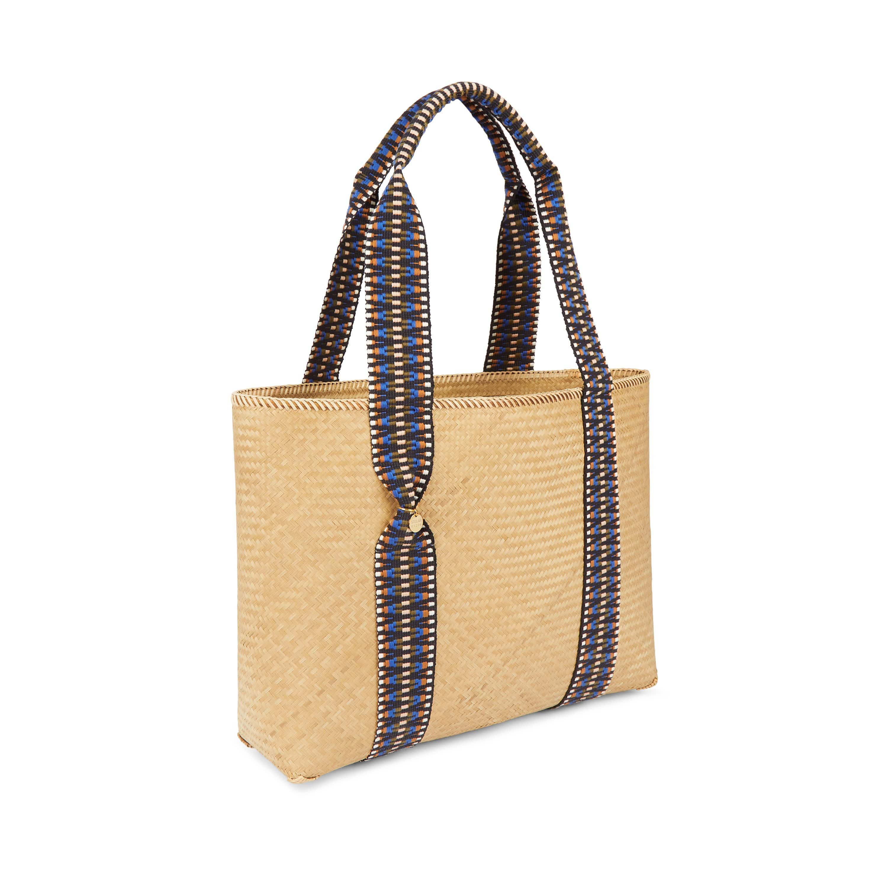 Mentawai Handwoven Bamboo Vegan Medium Tote Bag with Indigo Straps - Eco-Friendly Natural Fiber Purse for Women, Beach, Shopping & Daily Use