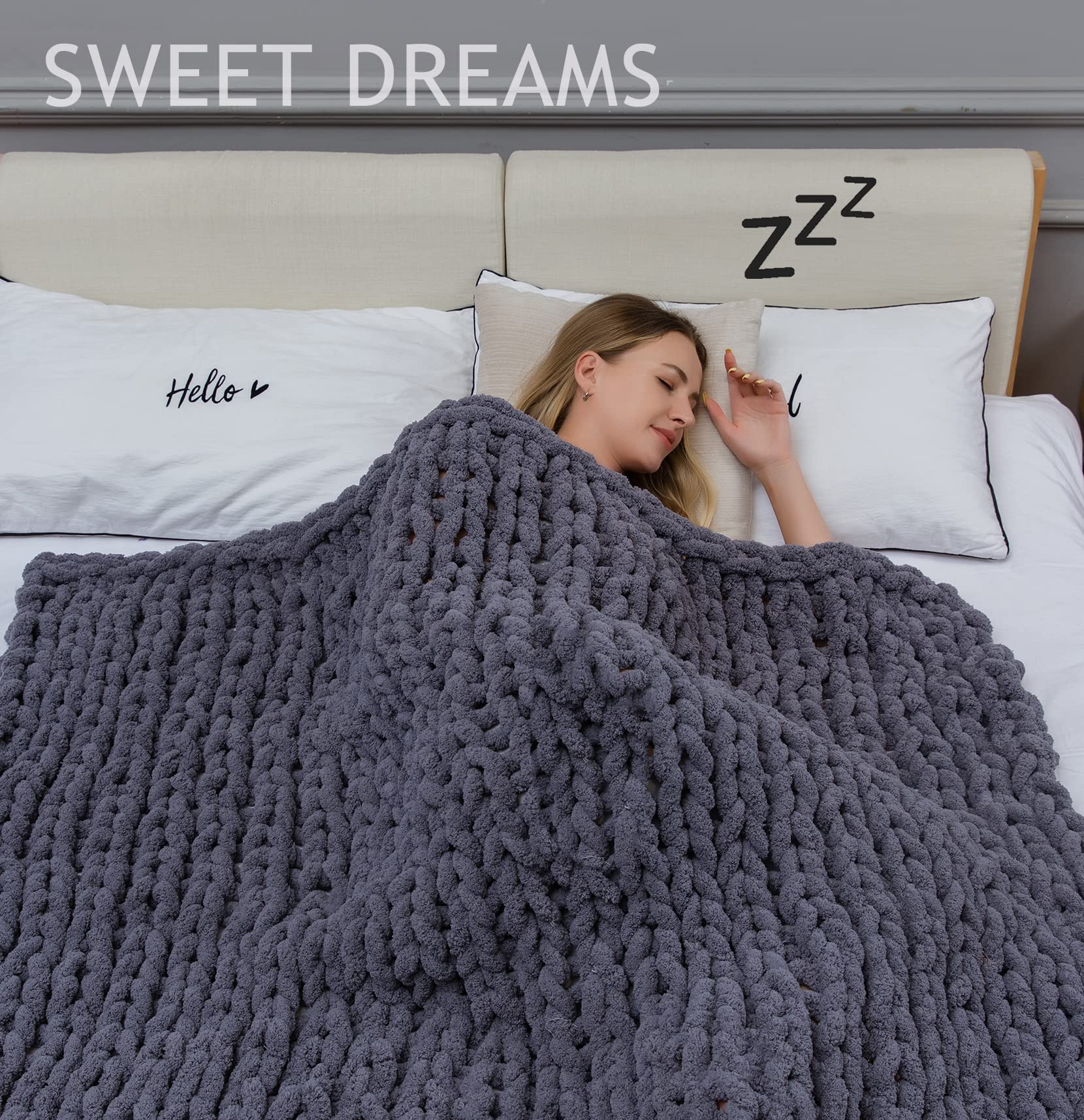 Alzoear Chunky Knit Throw Blanket - Chenille Handmade Cozy Warm Blanket for Sofa, Bed & Home Decor (Dark Grey, 60x80 Inches) - Perfect for Winter Nights, Couch Lounging & Gift Giving