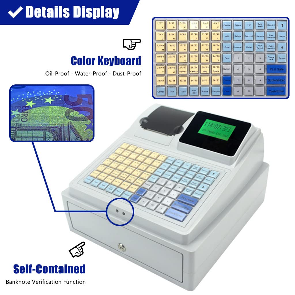 48-Key Electronic Cash Register with Money Drawer, Flat Keyboard & Thermal Printer - Commercial POS System for Retail Stores, Restaurants & Small Businesses