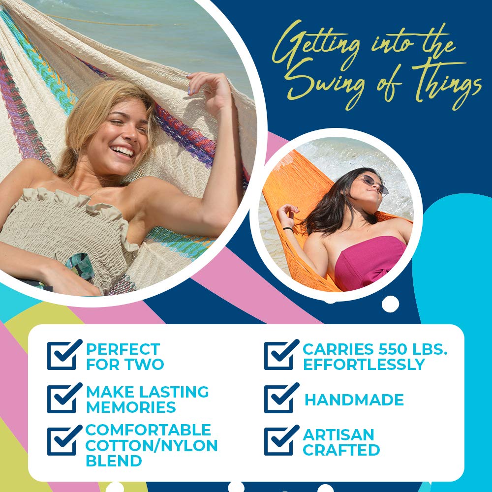 Handmade Yucatan Hammock - Double Size (2-Blues) - Premium Cotton Hammock for Outdoor, Camping & Backyard Relaxation
