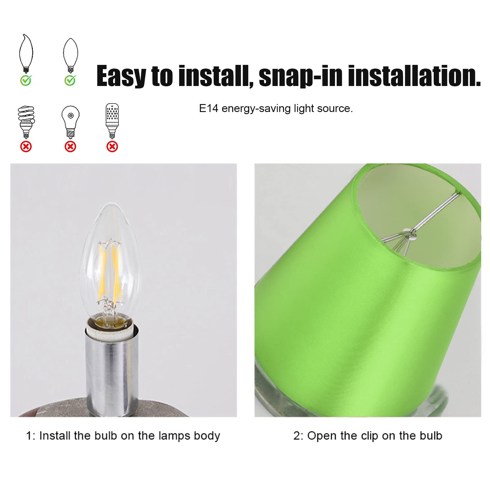 6PCS Green Fabric Lamp Shades for E14 Bulb - Ceiling, Table, Wall & Chandelier Lighting - Perfect for Bedroom, Living Room & Dining Room Decor