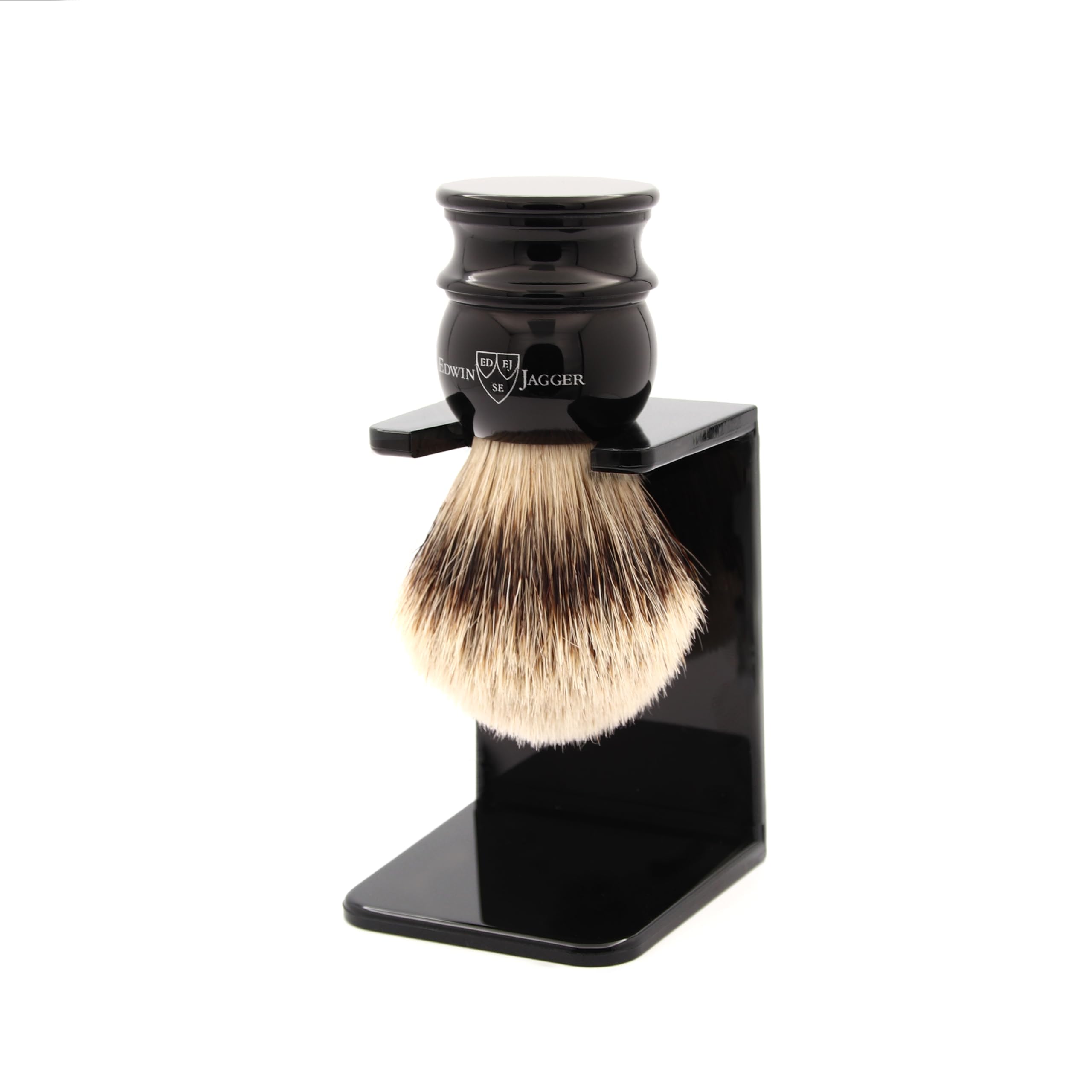Edwin Jagger 1EJ466SDS Medium Silver Tip Badger Shaving Brush with Stand - Imitation Ebony Handle for Men - Perfect for Shaving Cream & Soap - Luxury Wet Shaving & Grooming Essential