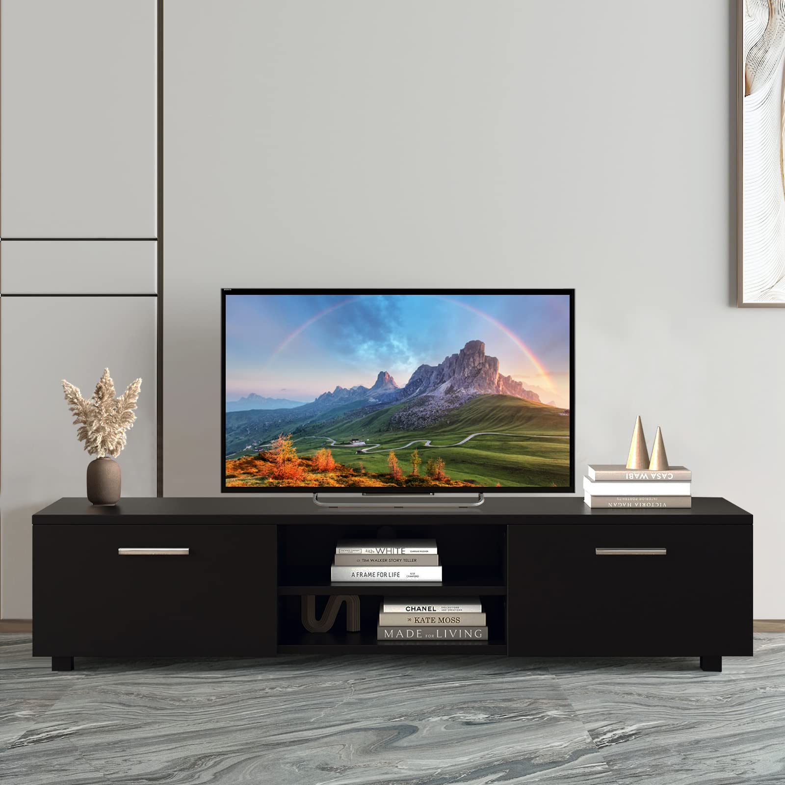 Modern Wood TV Stand for 65 Inch TV - Entertainment Center with Storage, Media Console Table - Perfect for Living Room, Bedroom & Lounge - Black (Ideal for Home Theater Setup & Living Space Organization)