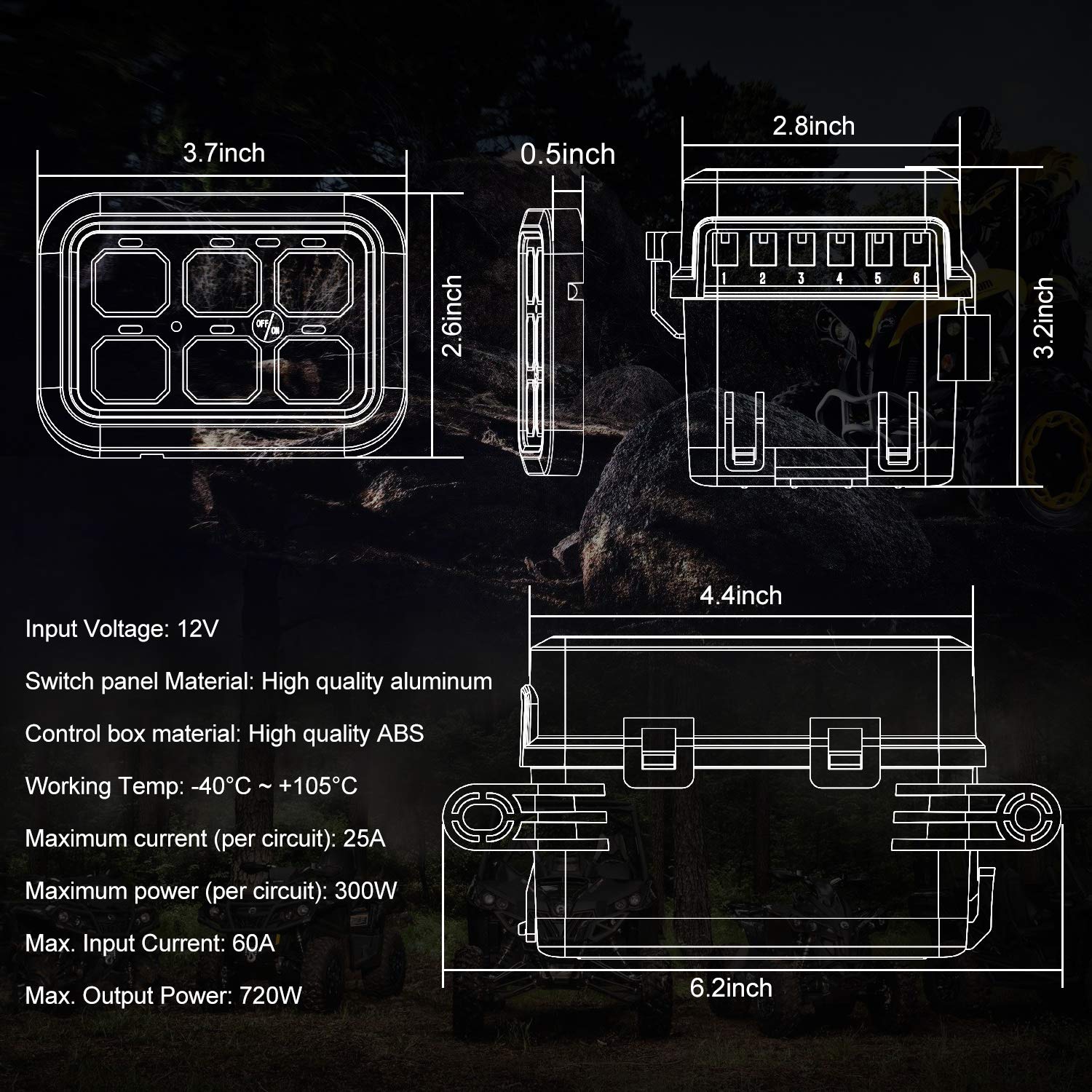 6 Gang Switch Panel with Auto Power Plus - Universal Dimmable Touch Control Box with Relay System & Harness Label Sticker for Car, Marine, Boat, ATV, UTV, Truck - Perfect for Off-Road Adventures & Night Driving