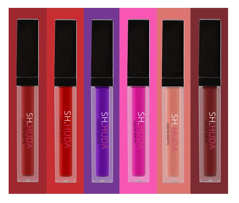 Huda Professional Matte Lipstick Set - 6 Hydrating Long-Lasting Lip Colors (Hot Red, Deep Maroon, Fuchsia Pink, Warm Nude, Coffee Mocha, Soft Purple) for Everyday Wear & Special Occasions