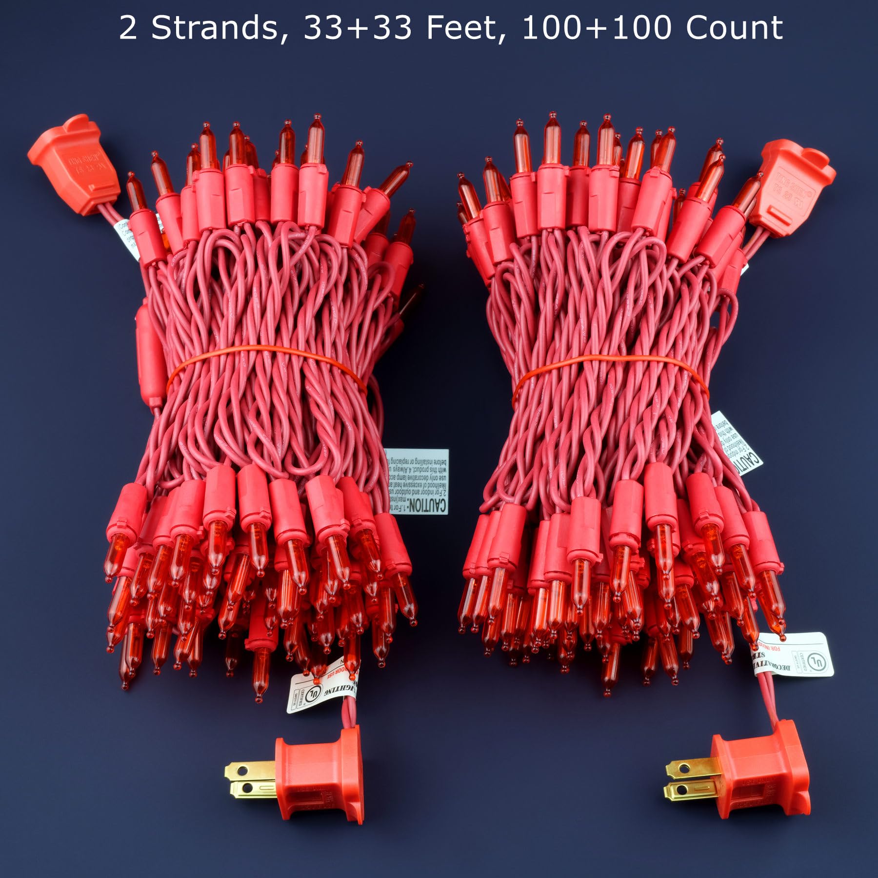 200 LED Christmas Lights with Red Wire - 2 Pack (33 ft, 100 Count) | UL Certified Commercial Grade String Lights for Indoor & Outdoor Holiday Decorations