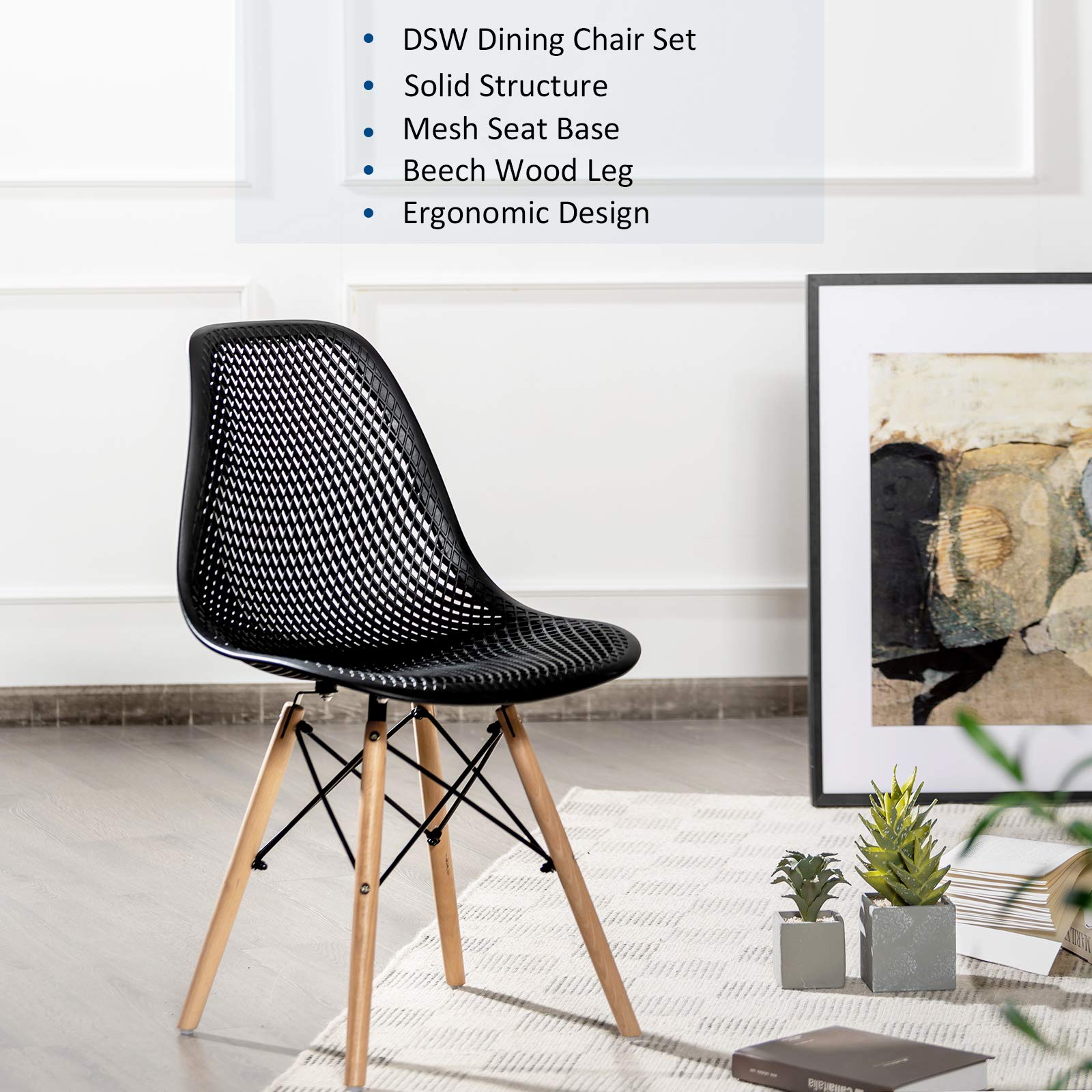 Giantex Set of 4 Modern Dining Chairs - Indoor/Outdoor Shell PP Lounge Side Chairs with Mesh Design & Beech Wood Legs - Tulip Leisure Chairs for Kitchen, Dining Room, Patio, Restaurant - Black