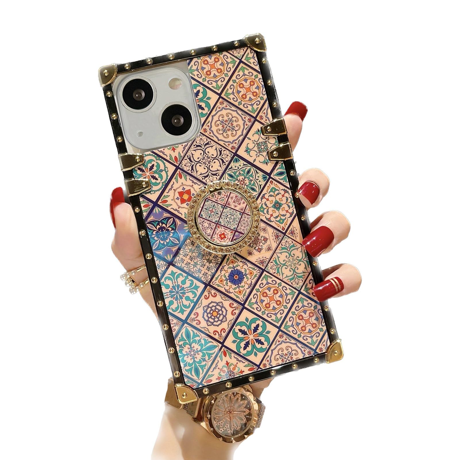 Retro Totem Blue Ray Phone Case for iPhone 13/14 with Glitter Holder Ring - Indian Hippie Bohemian Psychedelic Peacock Diamond Lattice Mandala Design - Shockproof Protective Cover (6.1 Inch) - Perfect for Festival, Travel & Boho Style Lovers
