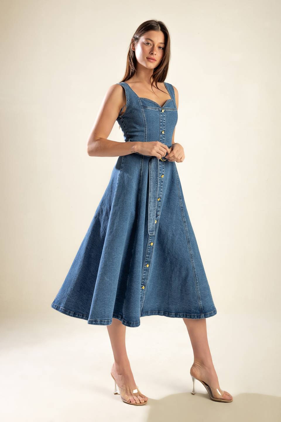 FRIDAY FEELS Sweetheart Denim Midi Dress - Women's Vintage Inspired Blue Jean Dress for Date Night & Casual Outings