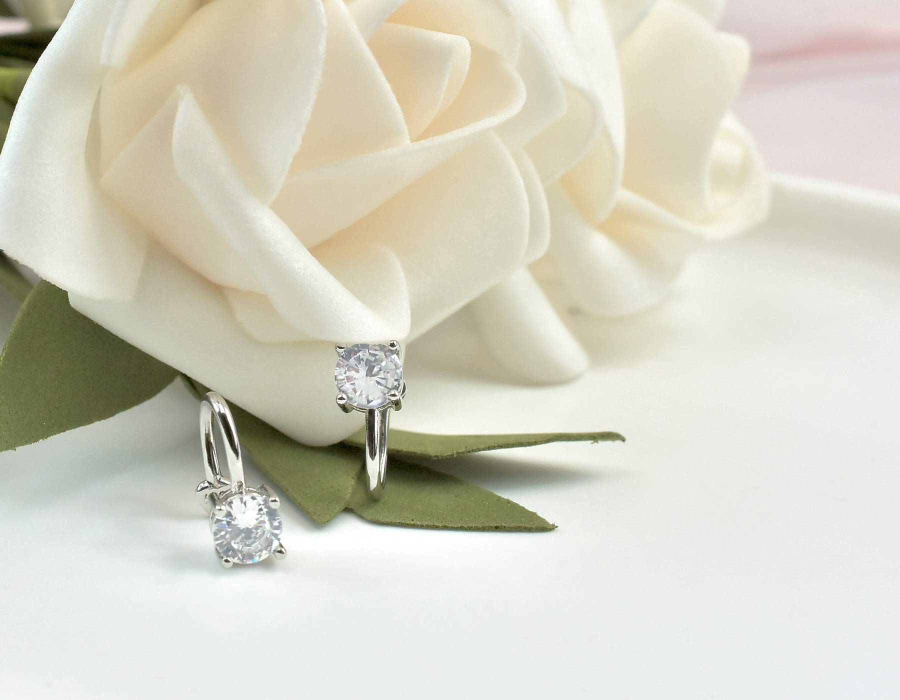 Hypoallergenic Sterling Silver Cubic Zirconia Clip-On Ear Cuffs - Non-Piercing Cartilage Earrings for Women & Girls | 6mm Round CZ Crystal Studs | Perfect for Parties, Weddings & Everyday Wear
