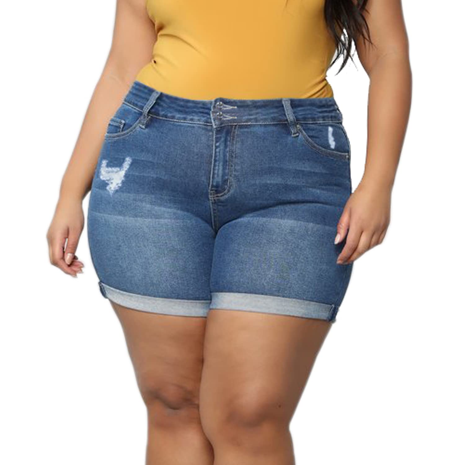 Plus Size Women's Ripped Denim Jean Shorts - High Waisted Stretchy Folded Hem Distressed Shorts for Casual Wear & Summer Outfits