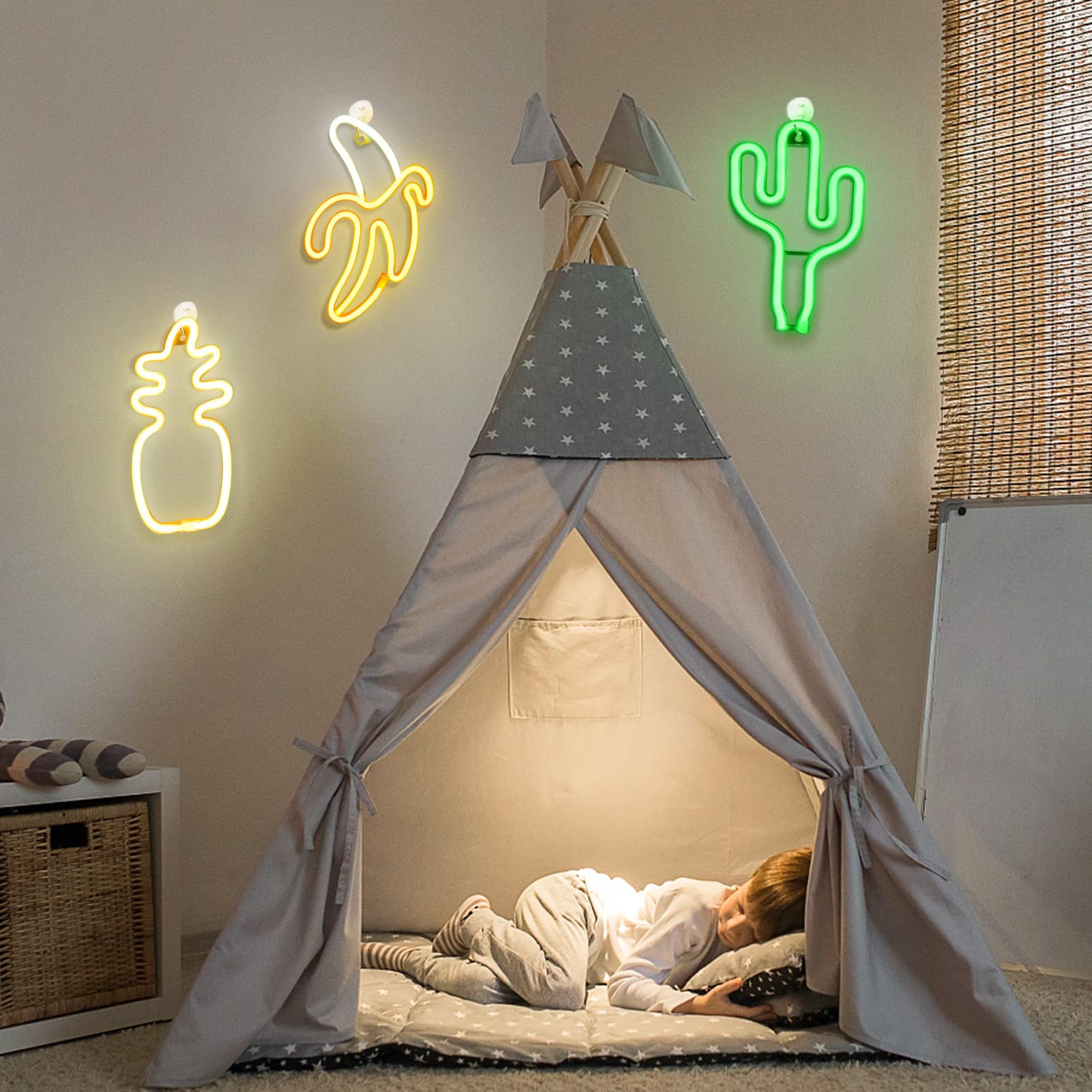 3-Pack Fruit Neon LED Signs - Cactus, Pineapple & Banana Wall Decor for Bedroom, Birthday Party & Holiday Activities | USB/Battery Powered Neon Lights for Home, Bar, Cafe & Wedding Decorations