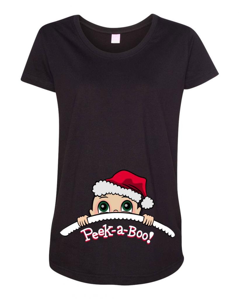 Baby Santa Christmas Peek A Boo Cute Maternity T-Shirt - Adorable Holiday Pregnancy Tee for Christmas Photos & Family Gatherings
