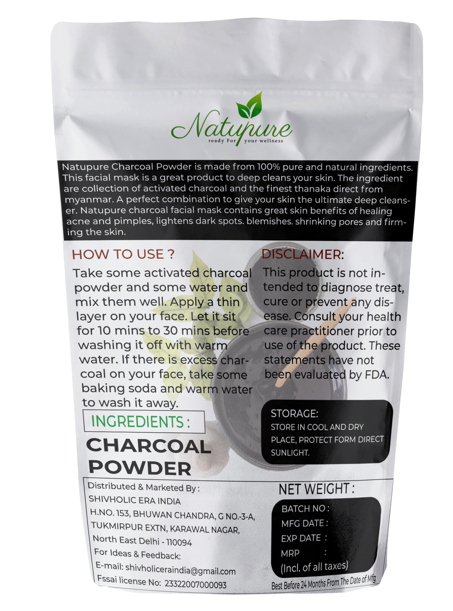 Natupure Activated Charcoal Powder 250g - Deep Cleansing Face & Body Scrub for Dead Skin Removal, Blackhead Treatment & Skin Detoxification - Perfect for Acne-Prone Skin & Spa Day Self-Care Routine