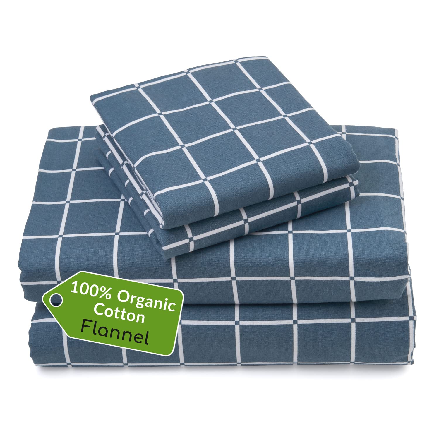 Mellanni Organic Cotton Queen Flannel Sheet Set - Soft & Breathable Bed Sheets - Wrinkle, Pill & Shrink Resistant - Queen Size Bedding Set with Fitted Sheet, Flat Sheet & 2 Pillowcases (Blue Windowpane) - Perfect for Cozy Winter Nights & Allergy Relief