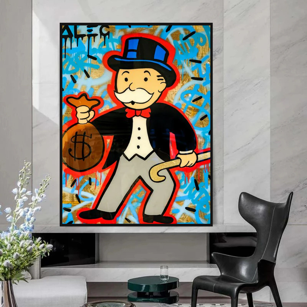 Alec Monopoly Money Bag Canvas Wall Art - Modern Pop Art Home Decor for Living Room, Bedroom & Office