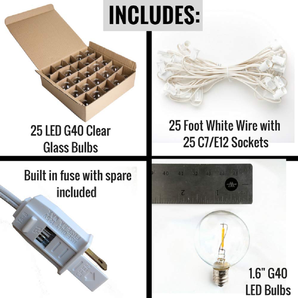 G40 LED Warm White Outdoor Patio String Lights - 25 ft with 0.6W Bulbs, Weatherproof & Dimmable for Backyard, Garden, Wedding Decor (White Wire, Filament Style) - Perfect for Parties, Patios, and Outdoor Lighting