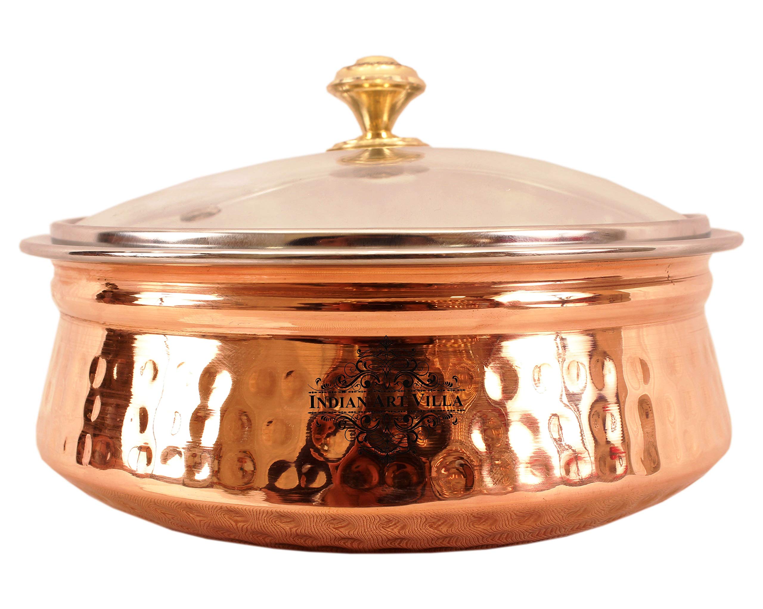 Premium Indian Handi Pot with Glass Lid - 25 Oz Steel & Copper Serving Dish for Chicken Biryani, Vegetables, Curries - Elegant Tableware for Home, Hotel, Restaurant - Set of 2 (Ideal for Festive Meals, Dinner Parties & Traditional Cooking)