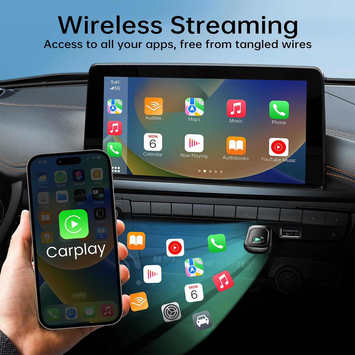 Wireless CarPlay Adapter for iPhone - Convert Wired to Wireless CarPlay Dongle, Plug & Play for Cars 2017+ & iOS 10+ (Black) | Seamless Music Streaming & Hands-Free Calling While Driving